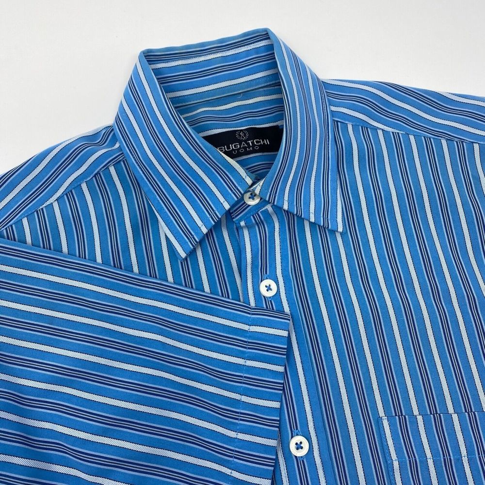 Bugatchi Uomo Men's Small Button-Up Shirt Blue Striped Short Sleeve Classic